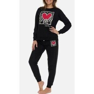 Keith Haring Soft Fleece Lounge Set Long Sleeve Crew & Joggers Black NWT